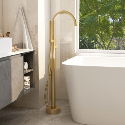 Ravine Floor Standing Bath Shower Mixer - Brushed Brass